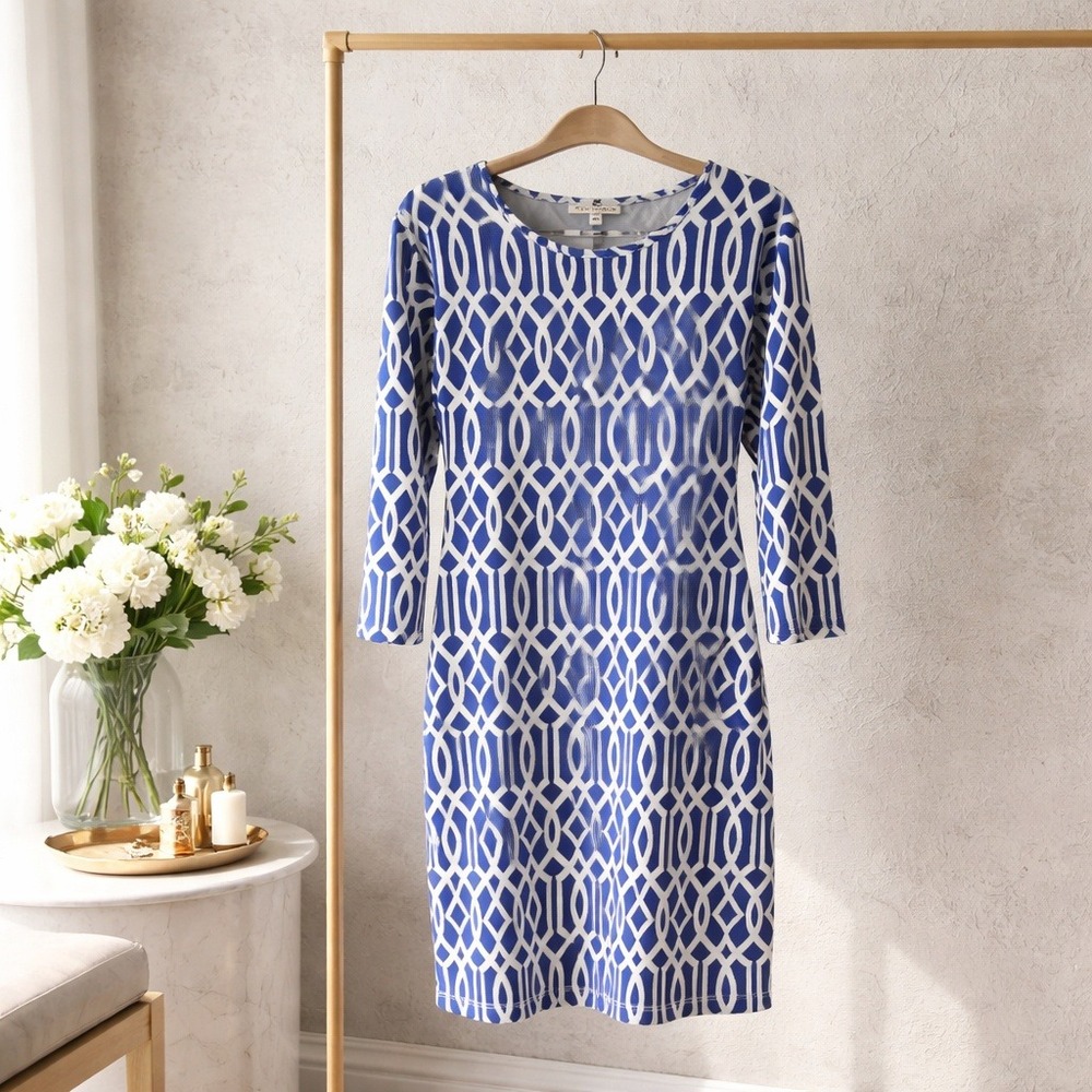 Jean-Pierre Klifa Paris XXL Blue White Chain Link Celtic Shift Dress 3/4 Sleeve